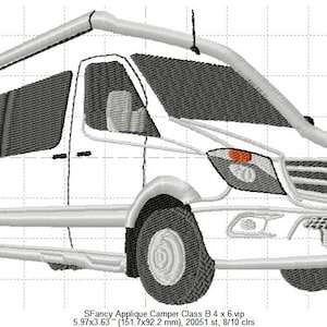 Puede incluir: Diseño de bordado de aplique de furgoneta blanca para acampar. El diseño mide 15,1 cm por 9,2 cm y tiene 8 colores.