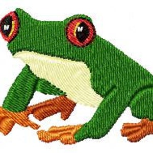 May include: A green frog with large red eyes and orange feet. The frog is sitting on a white background.