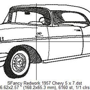 Peut inclure: Dessin au trait noir et blanc d'une Chevrolet de 1957. La voiture est une automobile américaine classique au design élégant. Le dessin est détaillé et comprend les phares, la calandre et les roues de la voiture.
