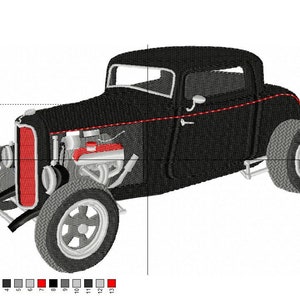 May include: Black and red embroidered design of a 1932 Ford hot rod car. The car has a black body, red engine, and grey wheels.