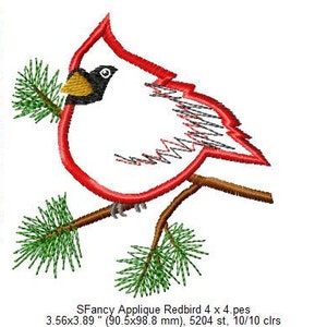 May include: Red cardinal applique embroidery design with a white body, red wings, and a black eye. The cardinal is perched on a branch with green pine needles.