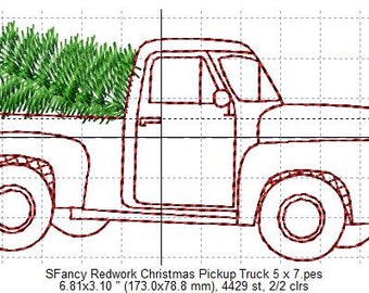 SFancy Redwork Christmas Pickup Truck 5 x 7