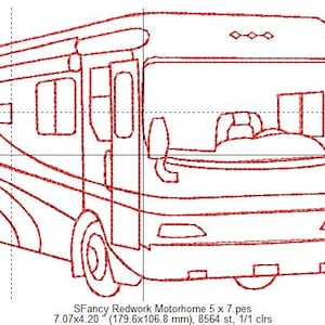 Könnte beinhalten: Eine rote Linienzeichnung eines Wohnmobils. Das Wohnmobil hat eine große Windschutzscheibe, eine Tür und ein Seitenfenster. Das Wohnmobil ist 179,6 mm x 106,8 mm groß und hat 8564 Stiche.