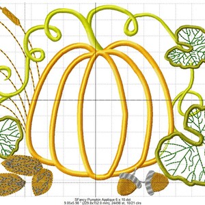 May include: A yellow pumpkin with green leaves and brown acorns. The pumpkin is outlined in yellow and the leaves are outlined in green. The acorns are outlined in brown and have a gray center.