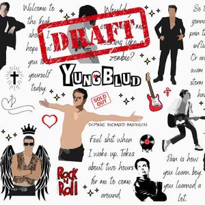 Könnte beinhalten: Ein weißer Hintergrund mit Illustrationen und Text, darunter das Wort "DRAFT" in einem roten Stempel, der Name "Yungblud" und die Worte "Rock n Roll". Es gibt auch Bilder einer Gitarre, eines Schädels und eines Herzens.