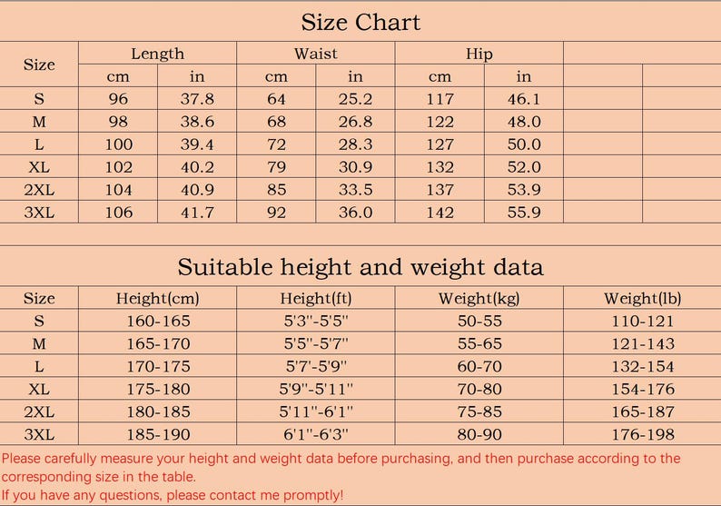 Puede incluir: Tabla de tallas para ropa con medidas en pulgadas y cent&iacute;metros. La tabla incluye medidas de longitud, cintura y cadera para las tallas S a 3XL. Una tabla separada muestra datos de altura y peso adecuados en cent&iacute;metros, pies, kilogramos y libras.