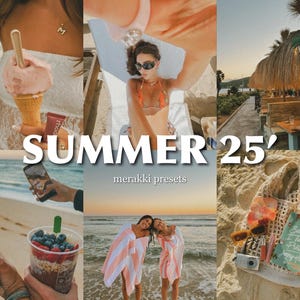Puede incluir: Un collage de imágenes con temática veraniega que incluye a una mujer con un top blanco sosteniendo un cono de helado rosa, una mujer en bikini tumbada en una toalla de playa, una escena de playa con un cartel de un bar tiki, una escena de playa con dos mujeres con toallas, una escena de playa con un bolso y gafas de sol, y una escena de playa con un tazón de batido.