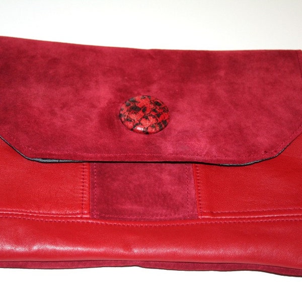 Recycled Red Leather and Suede Clutch Purse