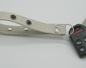 Recycled White Leather Key Wristlet with Black Rivets