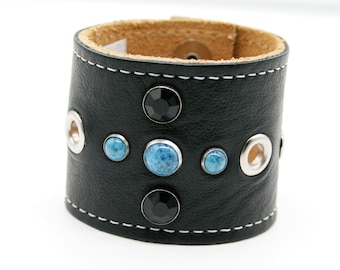 Wide Recycled Black Leather Cuff with Rivets