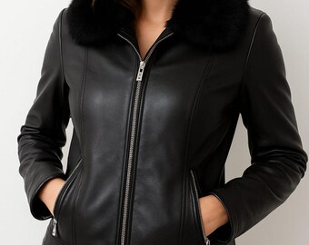 Handmade Women's Asymmetrical Style Black Leather Biker fur Jacket, Motorcycle Jacket Women,Fur Shearling on Collar, Gifts For Her, Gifts