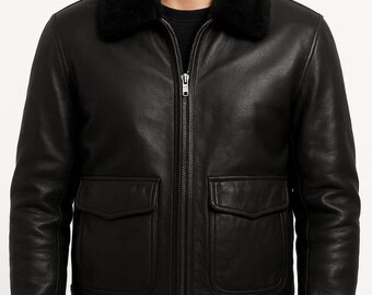 Handmade Men's Asymmetrical Style Black Leather Biker fur Jacket, Motorcycle Jacket Men,Fur Shearling on Collar, Gifts For Him,