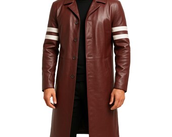 Handgjord herrröd lång trenchcoat i läder med randiga ärmar, rödbrun läderöverrock, rödbrun lädertrenchcoat för män, presenter