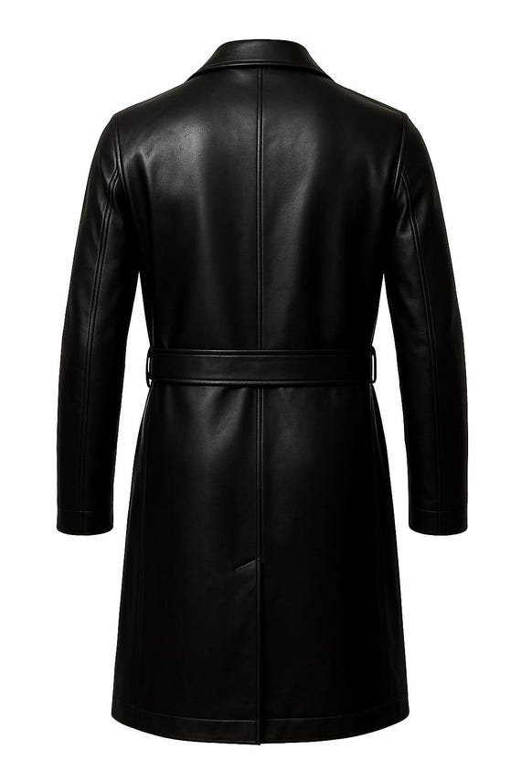 Stilvoller schwarzer Leder langer Trenchcoat handgefertigt