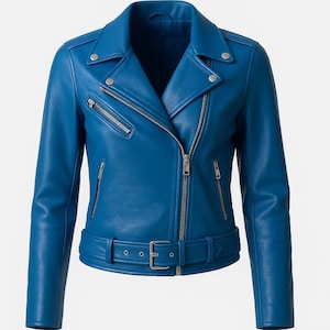 Handmade Women&#39;s Blue Motorcycle Style Faux Leather Jacket, Asymmetrical Style Blue Faux Leather Jacket, Gifts For, Gifts