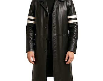 Stylish Black Leather Long Trench Coat for Men with Striped Sleeves Handmade, Black Leather Trench Coat for Men, Black Leather Overcoat