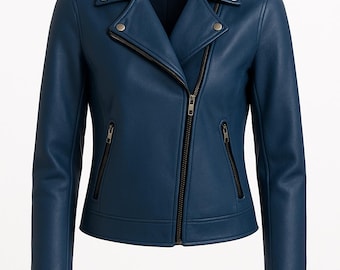 Women's Blue leather Motorcycle Style Jacket Handmade, Blue Leather Jacket For Women, Gifts For Her