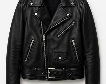 May include: Black leather motorcycle jacket with a notched collar, asymmetrical zip closure, and multiple zippered pockets. The jacket features a belt at the waist with a silver buckle and snap details. A classic outerwear piece.