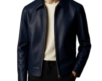 May include: A navy blue leather jacket with a zipper closure and a collared neckline.