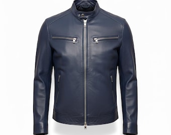 Giacca da motociclista in pelle blu fatta a mano da uomo, giacca da motociclista da uomo, regali per lui, regali per il fidanzato, vera pelle,