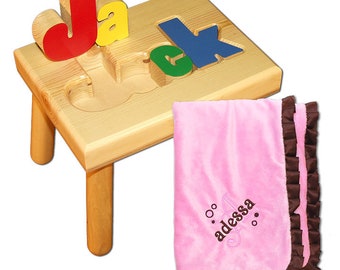 Name Puzzle Stool in Primary Colors with Embroidered Blue or Pink Blanket