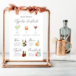 Modello di menu per bevande (A5), menu per cocktail bar stampabile per qualsiasi occasione, come matrimoni e compleanni! Con oltre 2000 icone modificabili