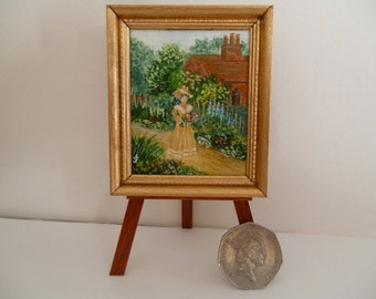 A walk in the garden, -A Victorian Style,  Original One 12th Scale Miniature Acrylic Painting