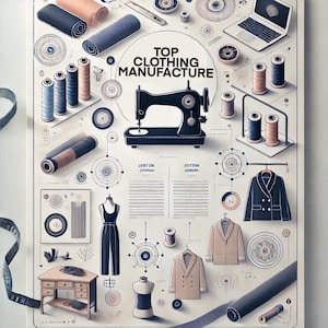 Puede incluir: Una ilustración de los principales fabricantes de ropa del mundo. La ilustración presenta una máquina de coser, carretes de hilo, rollos de tela y prendas de vestir. El texto "TOP CLOTHING MANUFACTURE" se muestra en un círculo en la parte superior de la imagen.