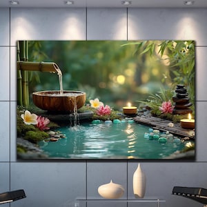 May include: A large canvas print showing an indoor water feature. A wooden bowl with water flowing into a small pool with flowers, candles, and stones. The artwork is displayed in a modern living room with black chairs and a glass table.