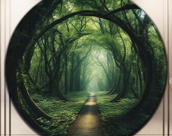 May include: A circular canvas print featuring a lush green forest path with a light at the end. The path is lined with tall trees and lush foliage. The image is framed in a circular wooden frame.