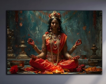 Arte mural de Lakshmi, arte mural de la diosa hindú, arte mural de vidrio templado, impresión en vidrio, arte mural de vidrio grande, decoración mural de Lakshmi, arte mural de la diosa