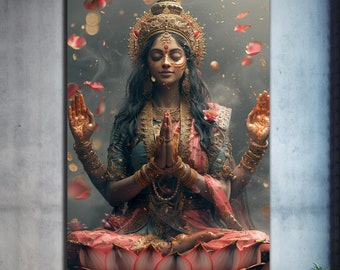 Arte mural de Lakshmi, arte mural de la diosa hindú, arte mural de vidrio templado, impresión en vidrio, arte mural de vidrio grande, decoración mural de Lakshmi, arte mural de la diosa