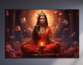 May include: A woman in a red and gold sari sits in a meditative pose with a lit oil lamp in front of her. She is surrounded by a glowing halo and falling petals. The background is a dark, ornate room with pillars and arches.