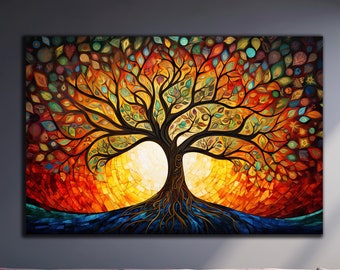May include: A colorful abstract painting of a tree with a large, intricate root system. The tree is surrounded by a vibrant sunset with shades of orange, yellow, and red. The painting is done in a mosaic style, with small, colorful pieces of glass or tile.
