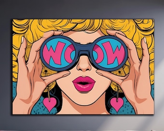 Komische popart, kunst aan de muur van gehard glas, Woman WOW, afdrukken op glas, kunst aan de grote muur, print van gebrandschilderd glas, pop-art glas, komische stijl, muurdecoratie lip