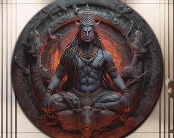 May include: A circular canvas print depicting Shiva, a Hindu deity, in a meditative pose. The artwork is set against a fiery background and surrounded by intricate carvings.