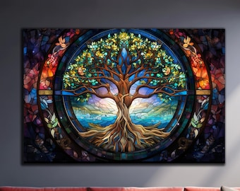 Yggdrasil Tree of Life Glass Wall Art, Tree of Life Painting, Tempered Glass Wall Art, Celtic Tree of Life Wall Art, Stained Glass Print
