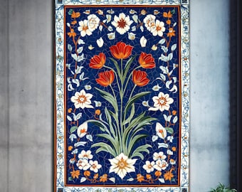 May include: A large framed wall art piece with a floral design. The artwork features a dark blue background with red tulips and white flowers. The frame has a decorative border. The artwork is a decorative piece.