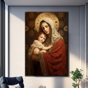 May include: A painting of the Virgin Mary holding a baby Jesus. The painting is in a realistic style and features warm colors, including red, gold, and brown.
