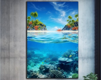 May include: A digital painting of a tropical island scene with palm trees, a sandy beach, and clear blue water. The waterline is split to show the underwater scene with coral reefs and colorful fish.