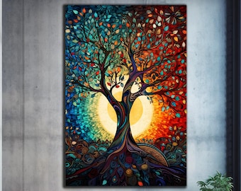 May include: Abstract painting of a tree with blue and orange leaves. The tree is surrounded by a bright yellow sun. The painting is done in a mosaic style.