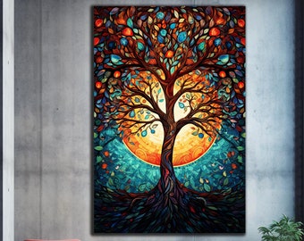 May include: A colorful abstract painting of a tree with a large, bright orange sun behind it. The tree has a thick trunk and many branches with leaves in shades of green, blue, and orange. The sun is surrounded by a blue and green halo.