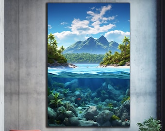 May include: A digital painting of a tropical island with lush green palm trees and a mountain range in the background. The water is crystal clear and the ocean floor is visible with coral reefs and fish.