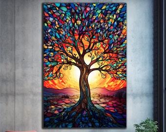 May include: A colorful abstract painting of a tree with stained glass style leaves and a sun shining behind it. The tree is rooted in a field of colorful flowers.