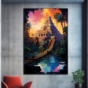 May include: A painting of a large stone pyramid structure in a jungle setting. The pyramid is surrounded by lush green trees and a body of water. The sky is a vibrant orange and pink, with clouds. The pyramid has a staircase leading up to the top, and there are people walking on the staircase.