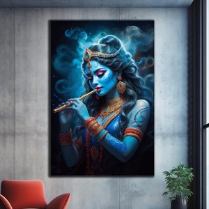 Arte de parede Krishna, arte de parede hindu, arte de parede de vidro temperado, impressão de vidro, arte de parede de vidro grande, decoração de deus hindu, impressão de vidro abstrato