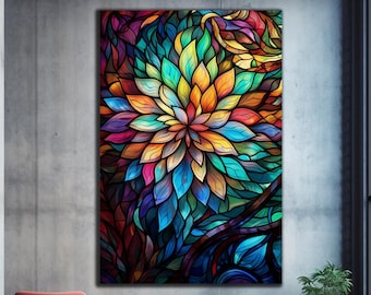 Stained Glass Flower, Tempered Glass Wall Art, Glass Printing, Large Glass Wall Art, Wall Hangings, Stained Glass Print,Stained Glass Mosaic