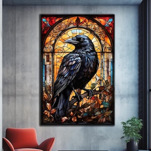 May include: A stained glass window design featuring a black raven perched on a branch with colourful leaves. The background is a sunset with a yellow, orange, and red sky.