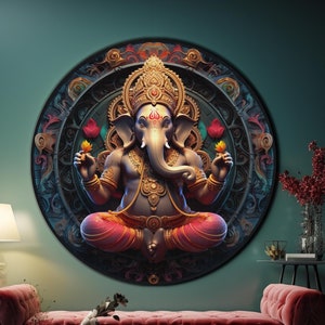 Ganesh Wall Art, Tempered Glass Wall Art, Round Glass Art, Circle Wall Art, Large Wall Art, Glass Printing, Hindu Wall Decor,Ganesh Printing