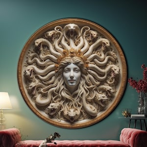 Arte mural de Medusa, arte de vidrio redondo, arte mural de vidrio templado, decoración de pared de Medusa, arte mural grande, arte mural circular, impresión en vidrio, impresión artística de Medusa